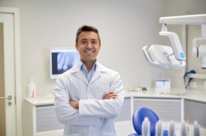 Dentist smiling in his office. 